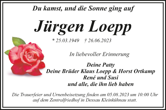 Traueranzeige von Jürgen Loepp von Super Sonntag Dessau-Roßlau