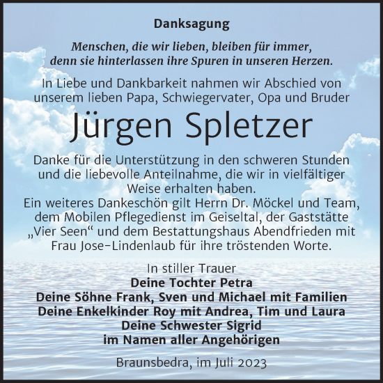 Traueranzeige von Jürgen Spletzer von Trauerkombi Merseburg