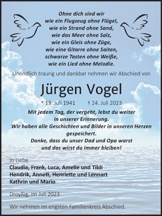 Traueranzeige von Jürgen Vogel von Trauerkombi Zeitz