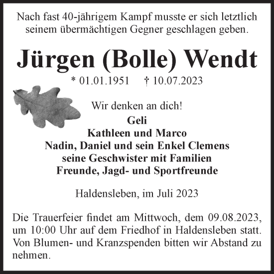 Traueranzeige von Jürgen Wendt von Volksstimme Haldensleben/Wolmirstedt