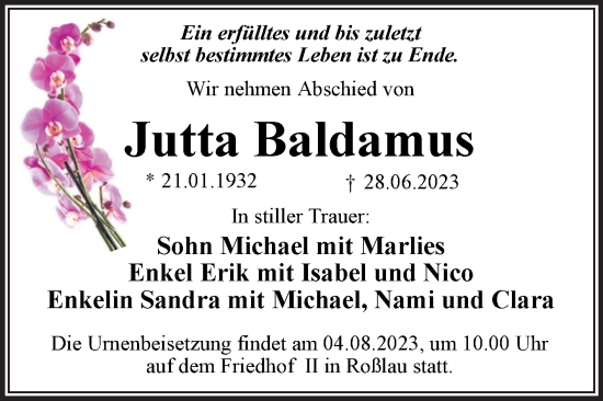 Traueranzeige von Jutta Baldamus von Trauerkombi Dessau