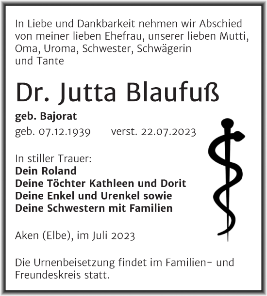 Traueranzeige von Jutta Blaufuß von Trauerkombi Köthen