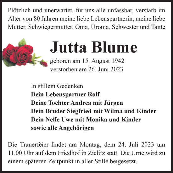 Traueranzeige von Jutta Blume von Volksstimme Haldensleben/Wolmirstedt