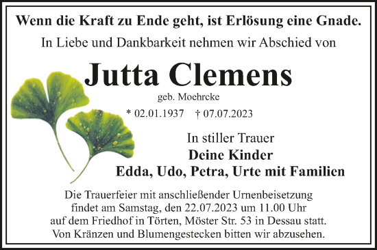 Traueranzeige von Jutta Clemens von Trauerkombi Dessau