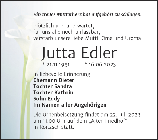 Traueranzeige von Jutta Edler von Trauerkombi Bitterfeld