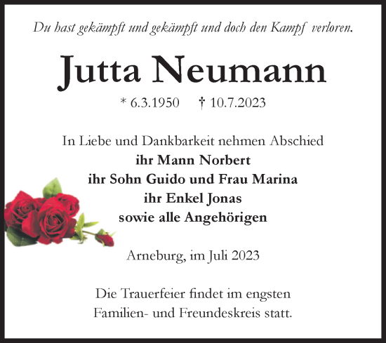 Traueranzeige von Jutta Neumann von Volksstimme Altmark Ost