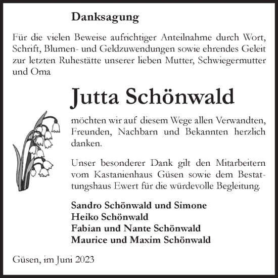 Traueranzeige von Jutta Schönwald von Volksstimme Burg/Genthin