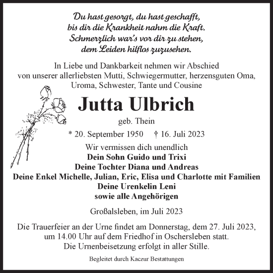 Traueranzeige von Jutta Ulbrich von Volksstimme Oschersleben/Wanzleben