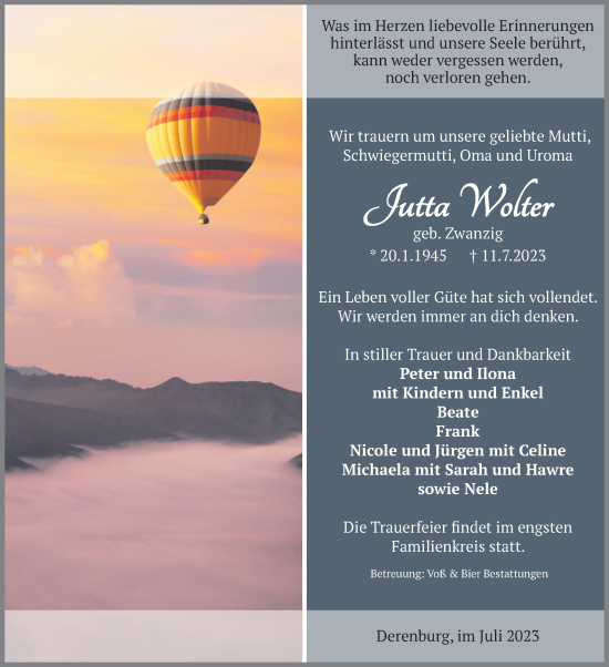 Traueranzeige von Jutta Wolter von Volksstimme Wernigerode