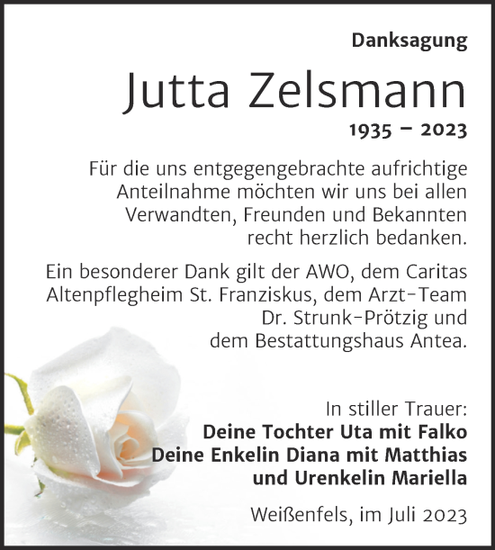 Traueranzeige von Jutta Zelsmann von Trauerkombi Weißenfels