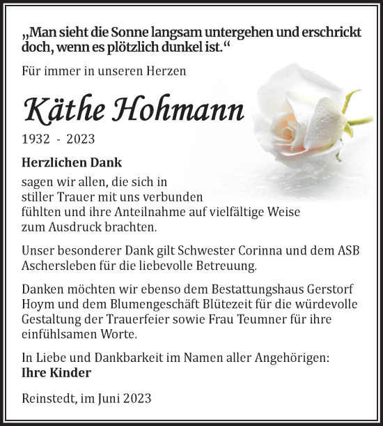 Traueranzeige von Käthe Hohmann von Trauerkombi Quedlinburg