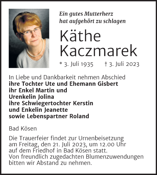 Traueranzeige von Käthe Kaczmarek von Wochenspiegel Naumburg/Nebra