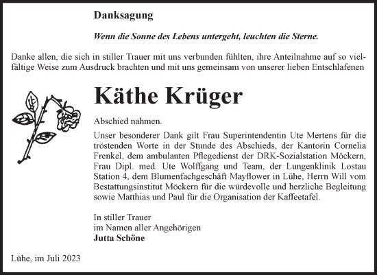 Traueranzeige von Käthe Krüger von Volksstimme Burg/Genthin