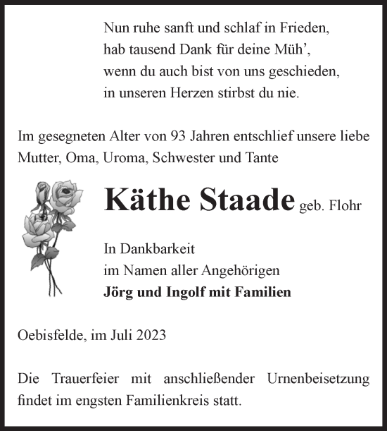 Traueranzeige von Käthe Staade von Volksstimme Altmark West