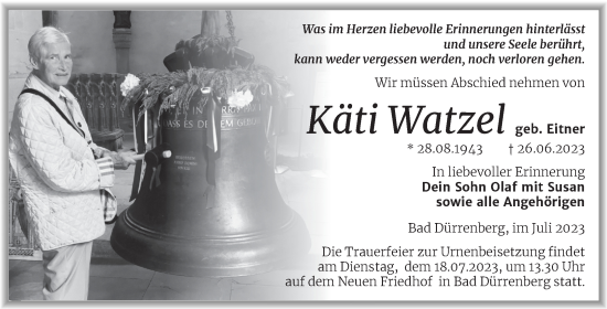 Traueranzeige von Käti Watzel von Trauerkombi Merseburg