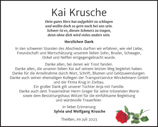 Traueranzeige von Kai Krusche von Trauerkombi Zeitz