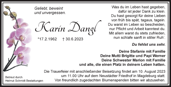 Traueranzeige von Karin Dangl von Volksstimme Burg/Genthin