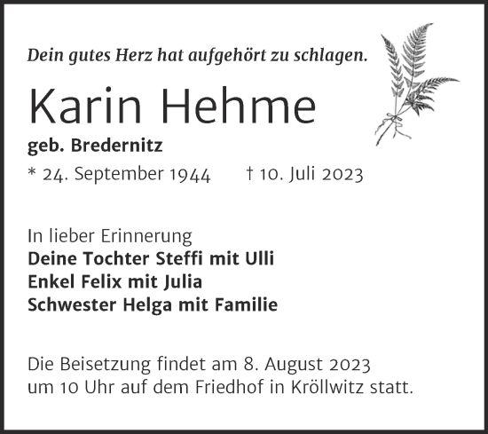 Traueranzeige von Karin Hehme von Mitteldeutsche Zeitung Halle/Saalkreis