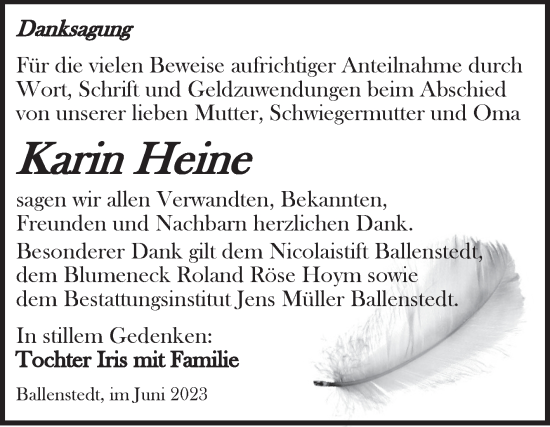 Traueranzeige von Karin Heine von Trauerkombi Quedlinburg
