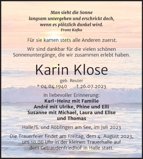 Traueranzeige von Karin Klose von Mitteldeutsche Zeitung Halle/Saalkreis