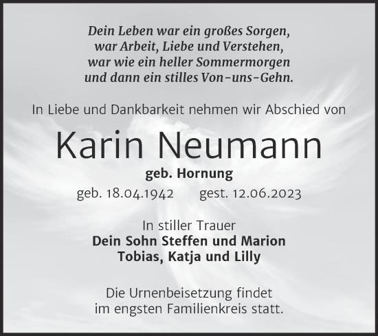 Traueranzeige von Karin Neumann von Trauerkombi Wittenberg