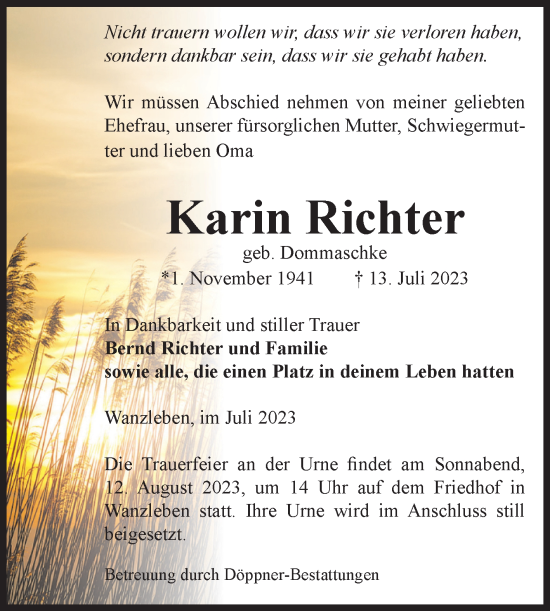 Traueranzeige von Karin Richter von Volksstimme Oschersleben/Wanzleben