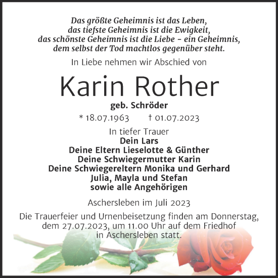 Traueranzeige von Karin Rother von Trauerkombi Aschersleben