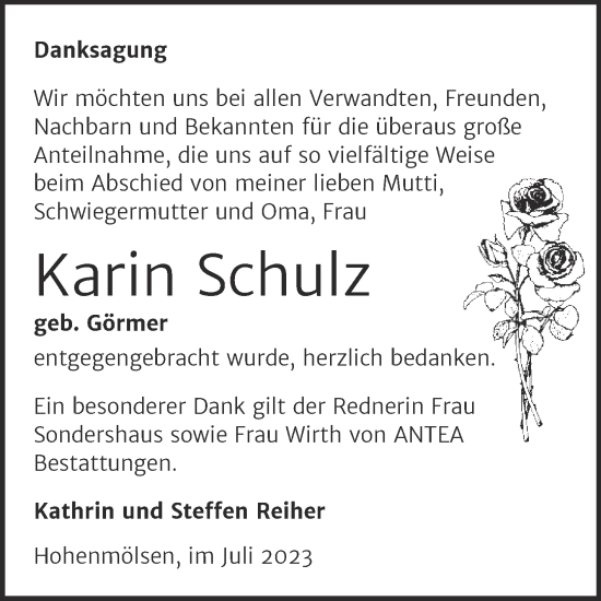 Traueranzeige von Karin Schulz von Trauerkombi Weißenfels