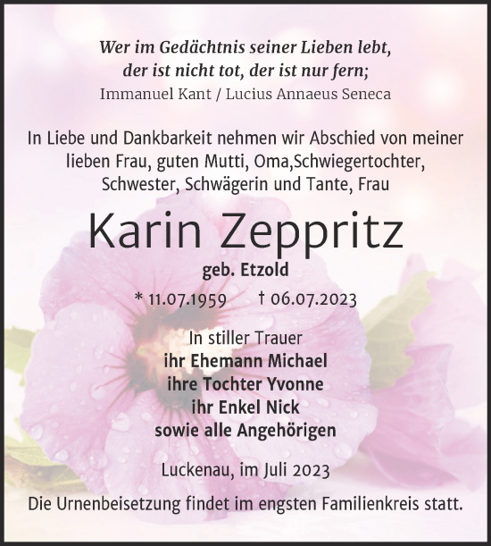Traueranzeige von Karin Zeppritz von Trauerkombi Zeitz