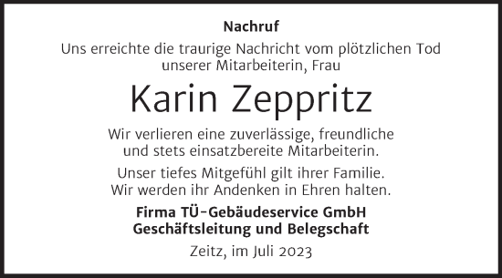 Traueranzeige von Karin Zeppritz von Wochenspiegel Zeitz