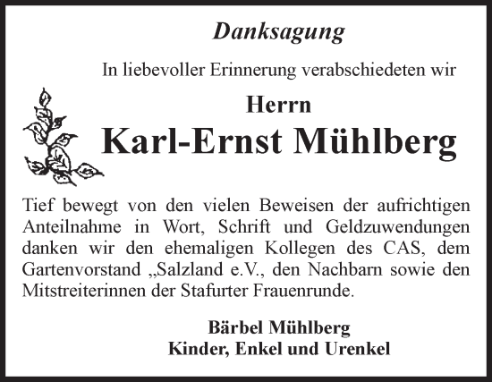 Traueranzeige von Karl-Ernst Mühlberg von Volksstimme Staßfurt