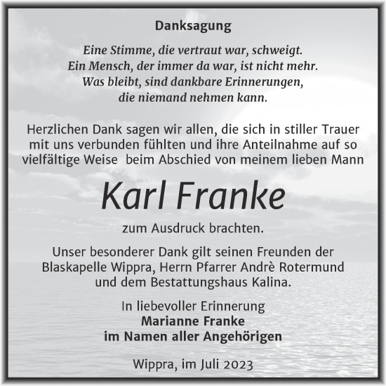 Traueranzeige von Karl Franke von Mitteldeutsche Zeitung Mansfelder Land