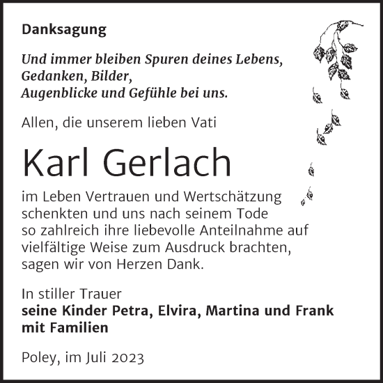Traueranzeige von Karl Gerlach von Super Sonntag Bernburg