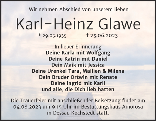 Traueranzeige von Karl-Heinz Glawe von Trauerkombi Dessau