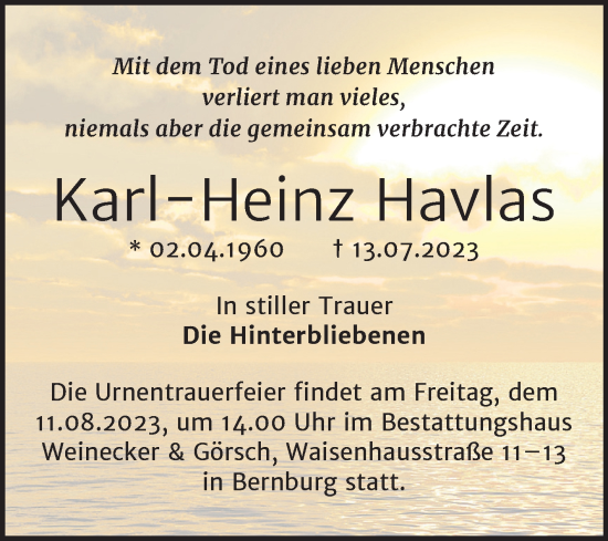 Traueranzeige von Karl-Heinz Havlas von Trauerkombi Bernburg