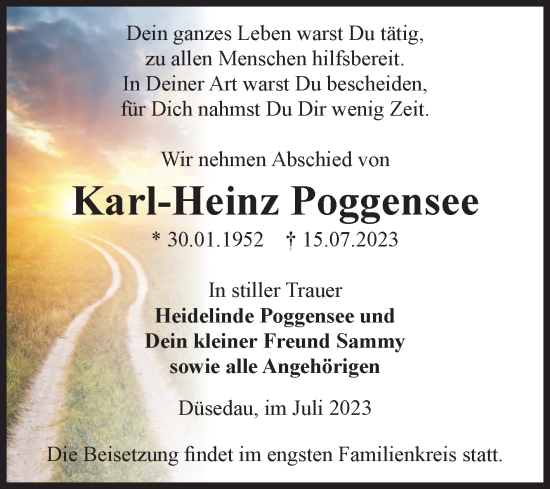 Traueranzeige von Karl-Heinz Poggensee von Volksstimme Altmark Ost