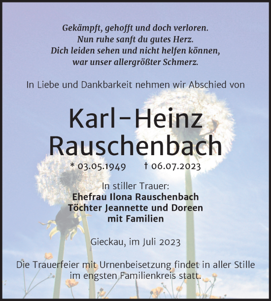 Traueranzeige von Karl-Heinz Rauschenbach von Naumburger Tageblatt