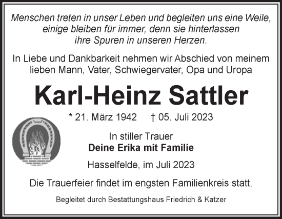 Traueranzeige von Karl-Heinz Sattler von Volksstimme Wernigerode