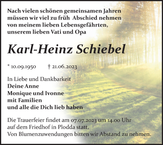 Traueranzeige von Karl-Heinz Schiebel von Trauerkombi Bitterfeld