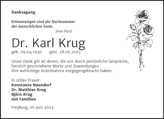 Traueranzeige von Karl Krug von Wochenspiegel Naumburg/Nebra