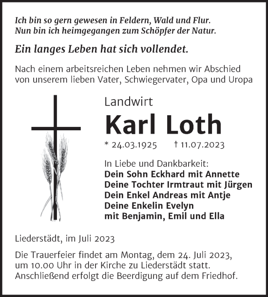 Traueranzeige von Karl Loth von Wochenspiegel Naumburg/Nebra