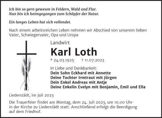 Traueranzeige von Karl Loth von Trauerkombi Merseburg