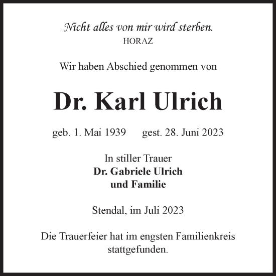 Traueranzeige von Karl Ulrich von Volksstimme Altmark Ost