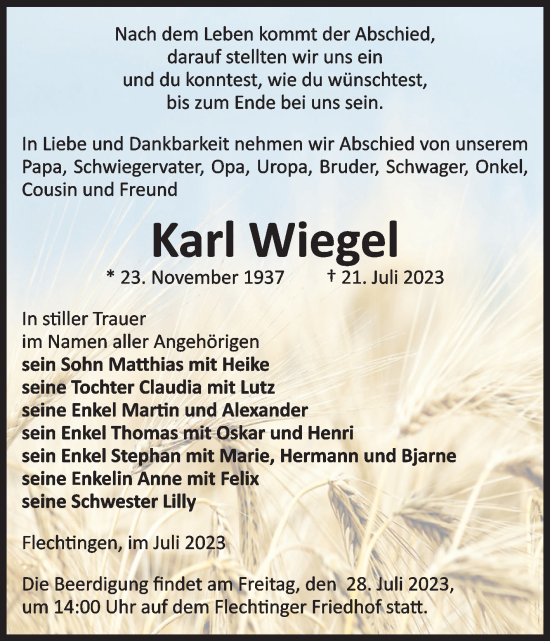 Traueranzeige von Karl Wiegel von Volksstimme Haldensleben/Wolmirstedt