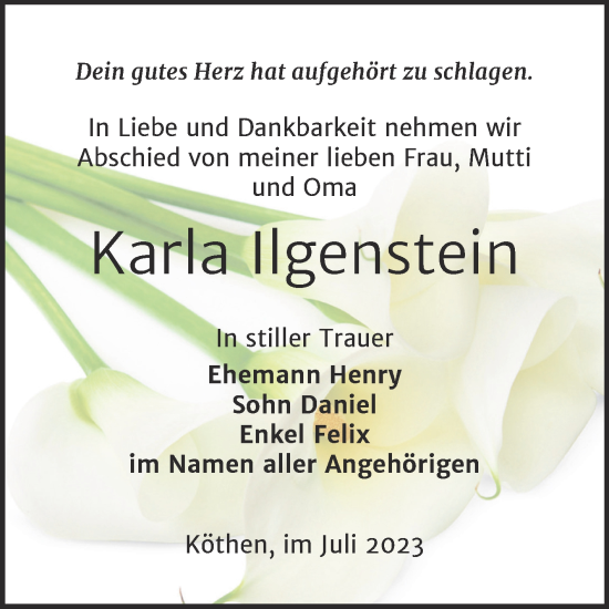 Traueranzeige von Karla Ilgenstein von Trauerkombi Köthen