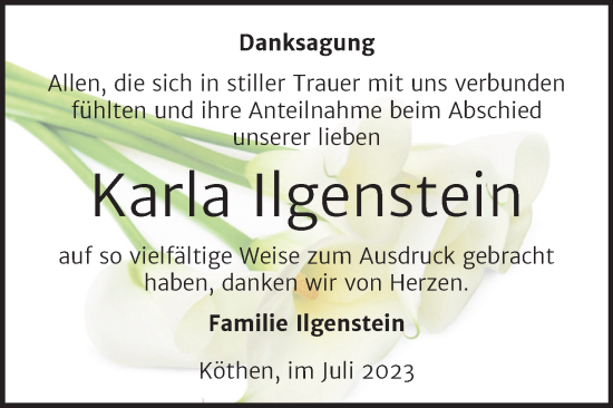 Traueranzeige von Karla Ilgenstein von Trauerkombi Köthen