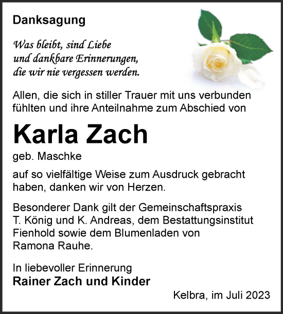 Traueranzeige von Karla Zach von Trauerkombi Sangerhausen