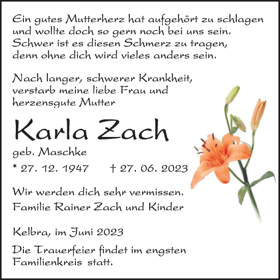 Traueranzeige von Karla Zach von Trauerkombi Sangerhausen