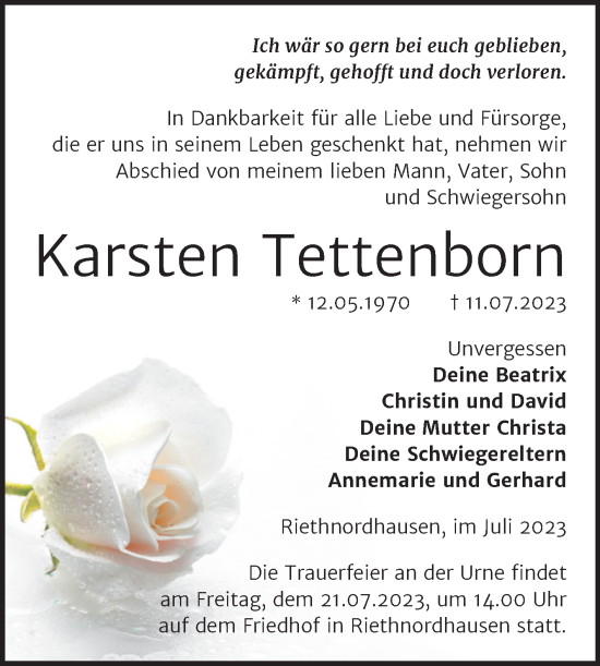 Traueranzeige von Karsten Tettenborn von Trauerkombi Sangerhausen