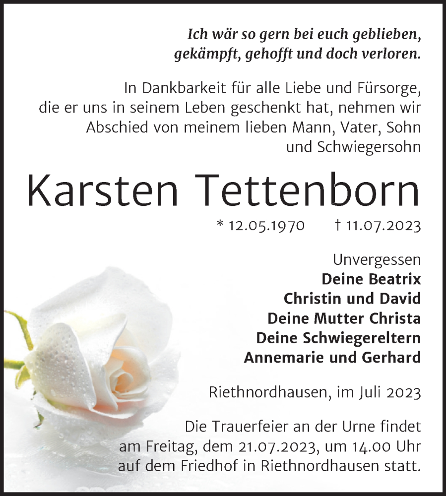  Traueranzeige für Karsten Tettenborn vom 15.07.2023 aus Trauerkombi Sangerhausen